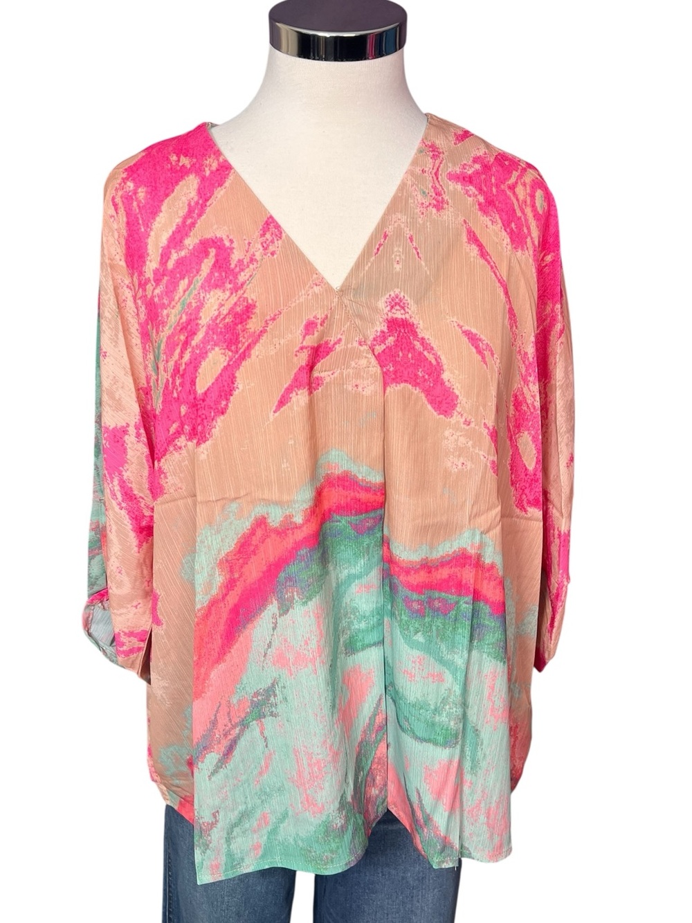 Umgee Pink & Mint V-Neck Flowing Blouse